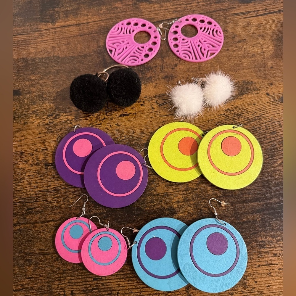 7 Pair Earring Lot – Statement, Retro, Pom Pom, Colorful​​​